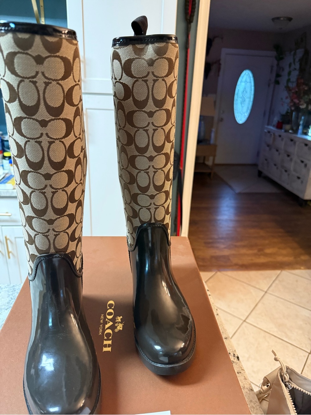 Coach Brown Khaki Signature Pattern Rain Boots